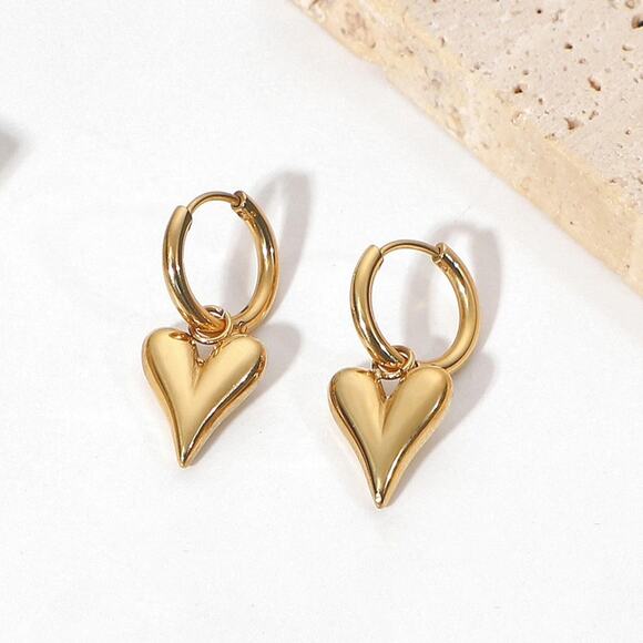 Luxury Heart Pendant Hoop Earrings 18K Gold Plated Stainless Steel - Picture 8 of 11